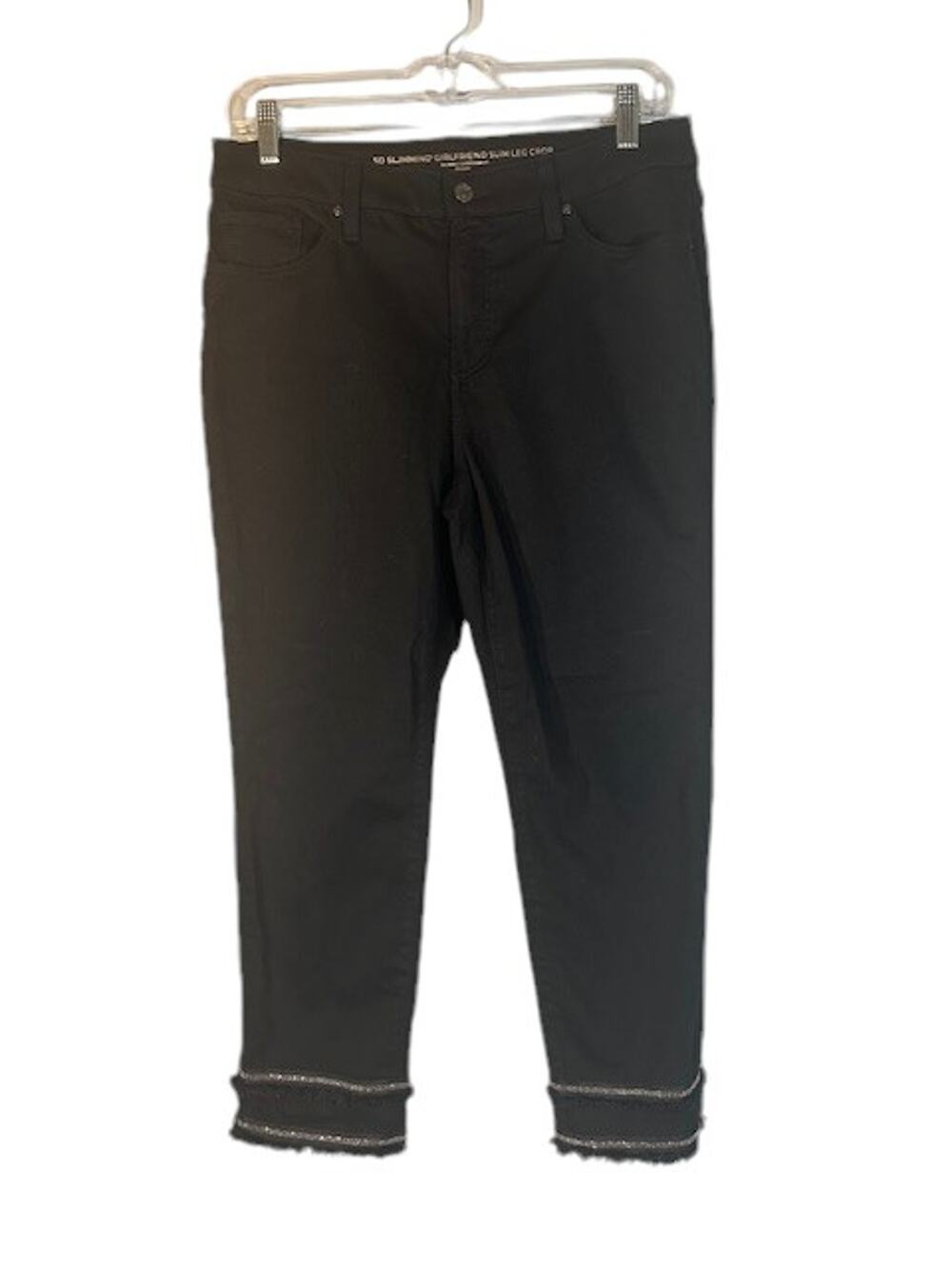 Chico's Black Slimming Girlfriend Slim Leg Cropped Fringe Denim Jeans Women Sz 6